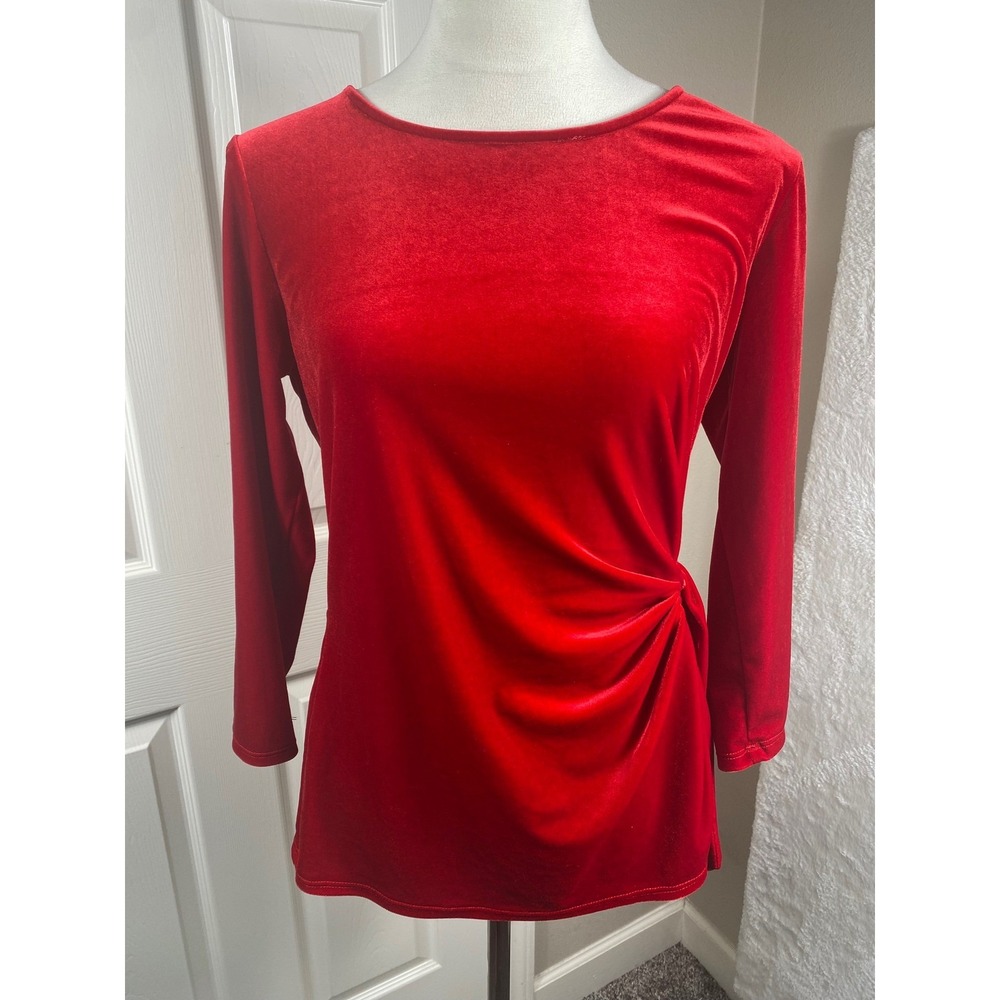 S. Levine Women's M‎ Vintage Red Velvet Long Sleeve Side Knot Detail Fitted Top